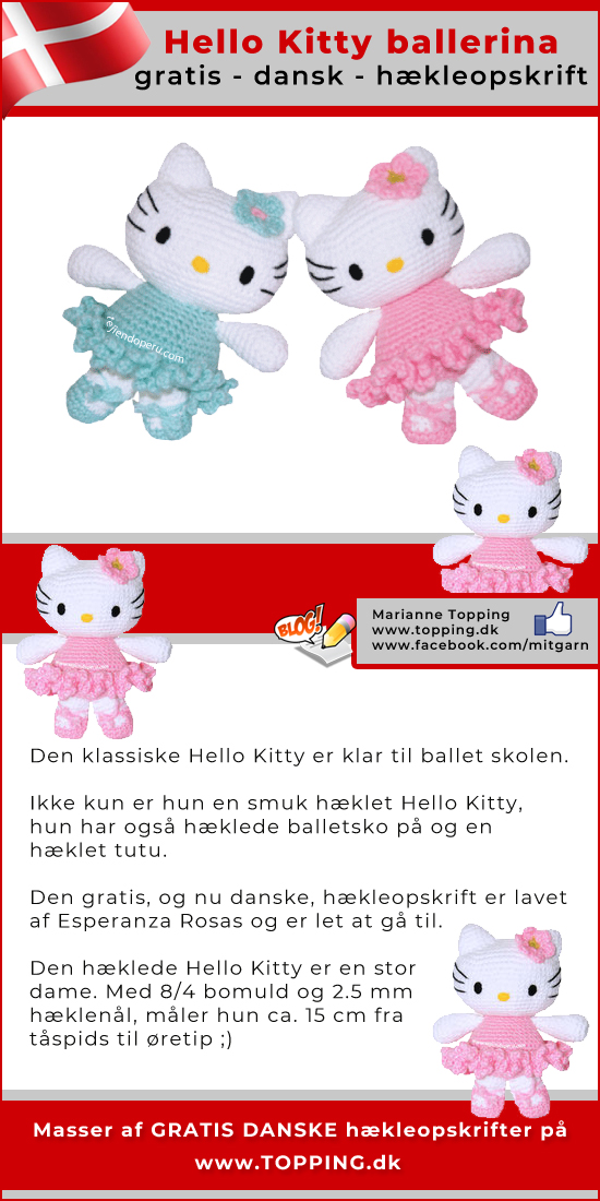 Den hæklede og klassiske Hello Kitty er klar til ballet skolen. Ikke kun er hun en smuk hæklet Hello Kitty, hun har også hæklede balletsko på og en hæklet tutu. Hækleopskriften er GRATIS og på DANSK.